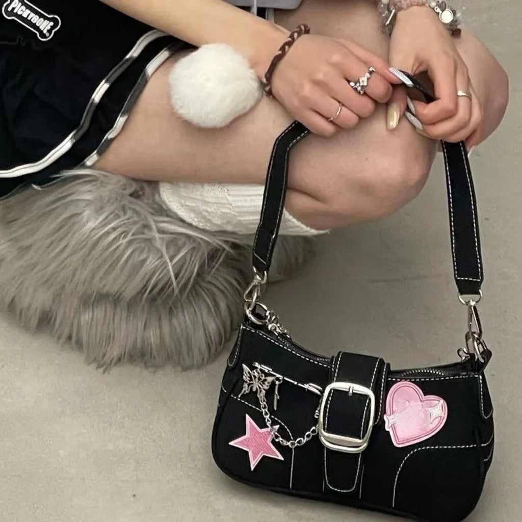 Black PU Y2k heart butterfly shoulder bag with bow stitching chain and zipper buckle in 25cm size