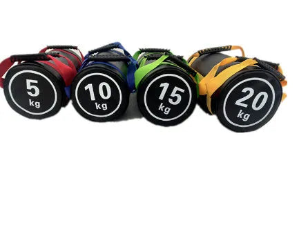 Flat white PVC gym sandbag for weight training, shown with weight options from 5kg to 30kg.