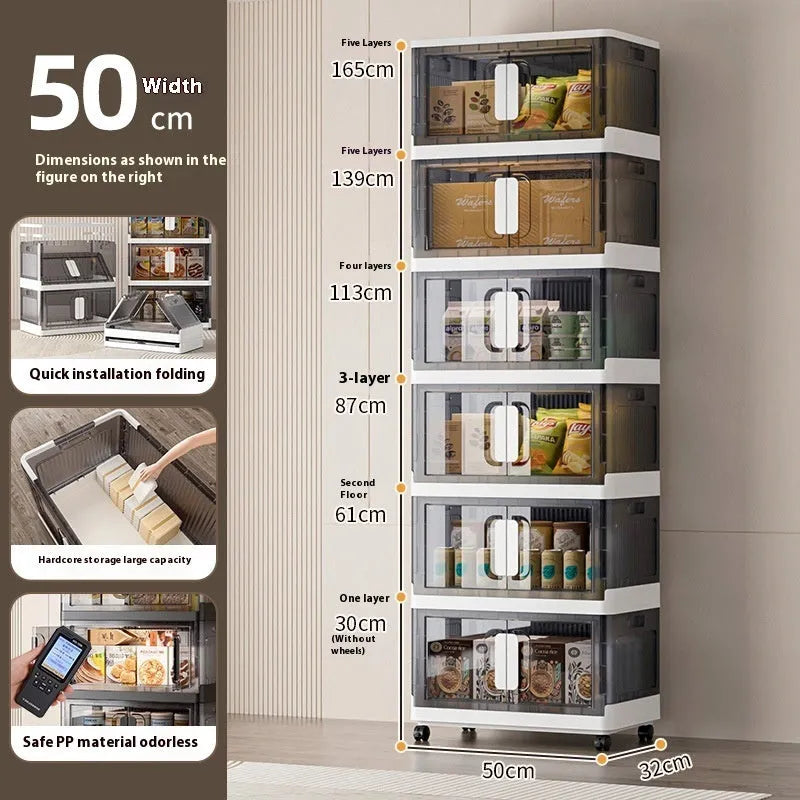 Foldable household storage locker with wheels in grey colour showing multiple storage layers