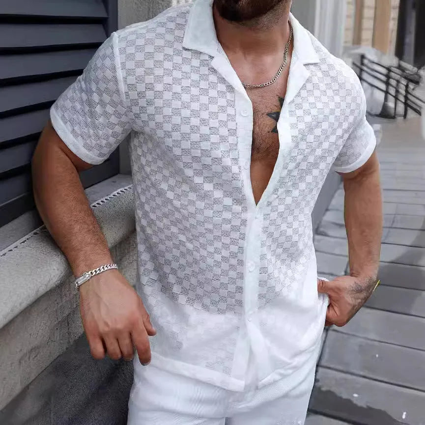 Men's short sleeve shirt with lace hollow detail in white or black, polyester blend, sizes S-XXL