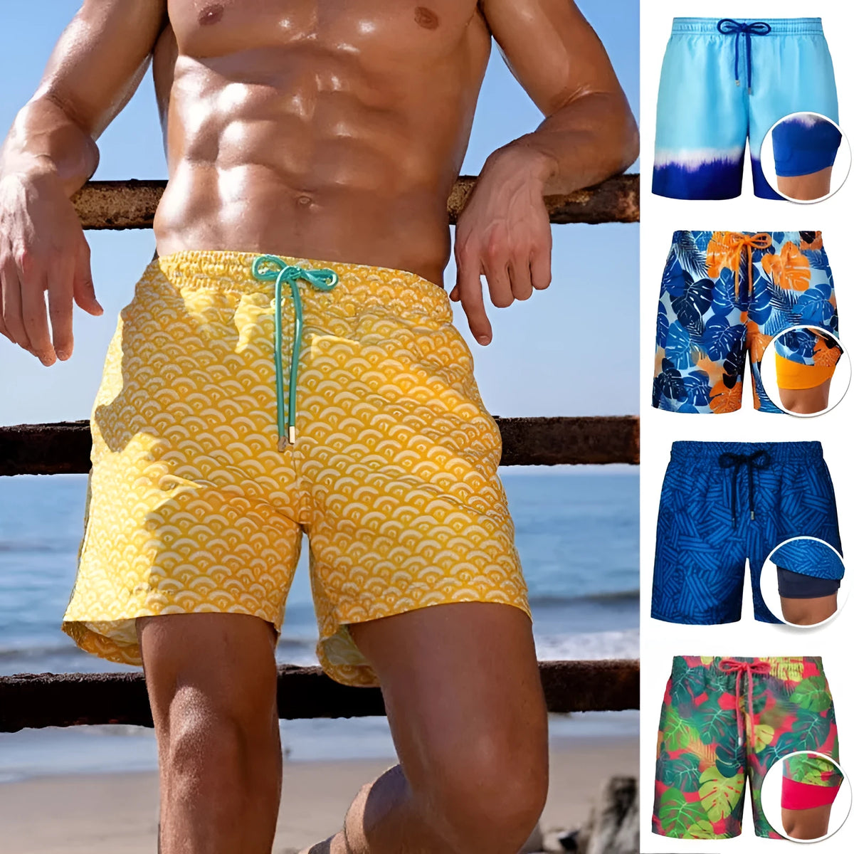 Men's printed double-layer beach shorts in striped cotton blend with elastic waist on a sandy beach