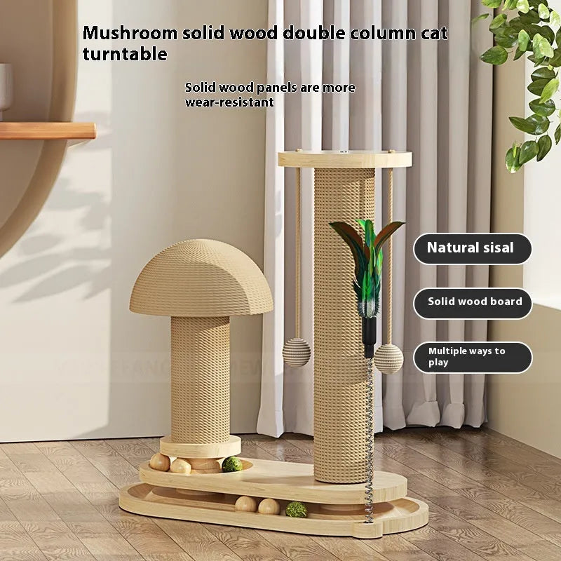 Solid wood cat turntable scratching post and climbing frame toy in a chosen style variant.