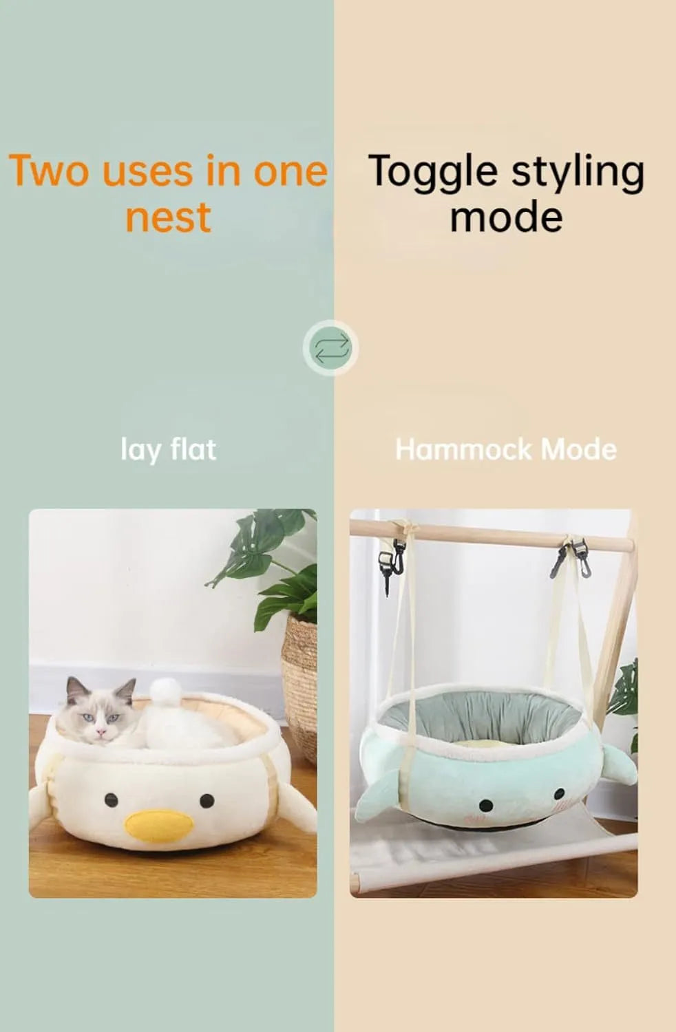 Green chick-shaped cat bed shown both laid flat and hanging as a hammock for small pets.