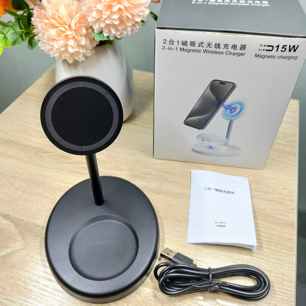 30W vertical wireless charger stand with cooling hole, white colour, holding a smartphone
