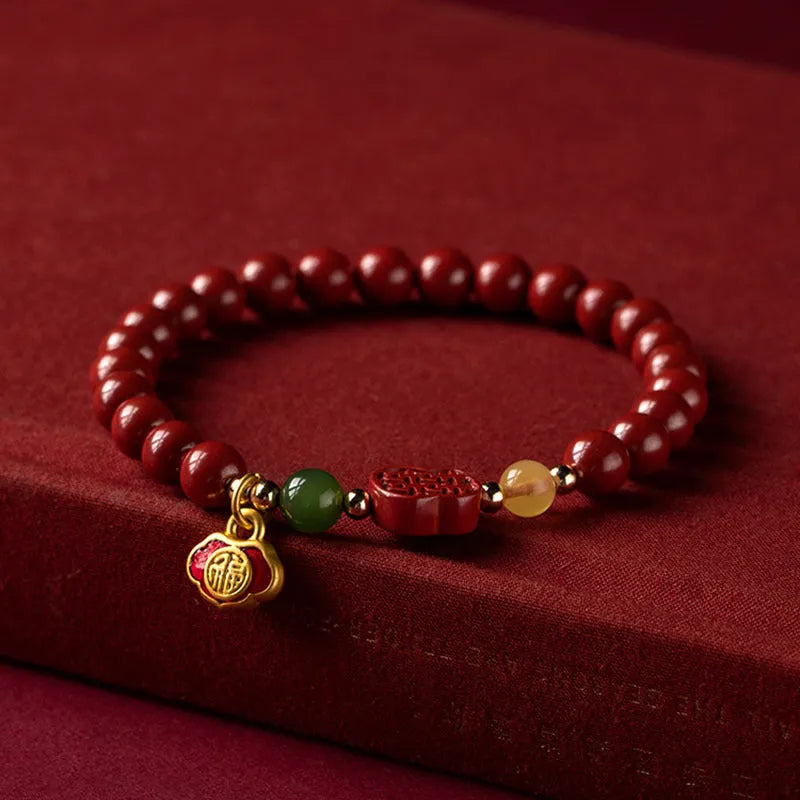 Happy Eyebrow Bracelet with Emperor Sandstone beads and fu character in New Chinese style.