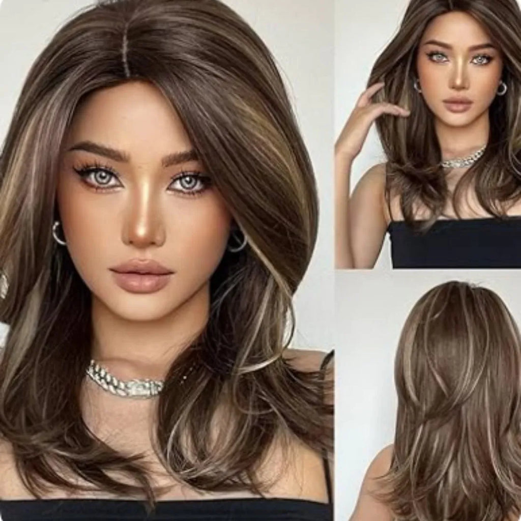 Mid-length curly synthetic wig with gradient colour and long bangs