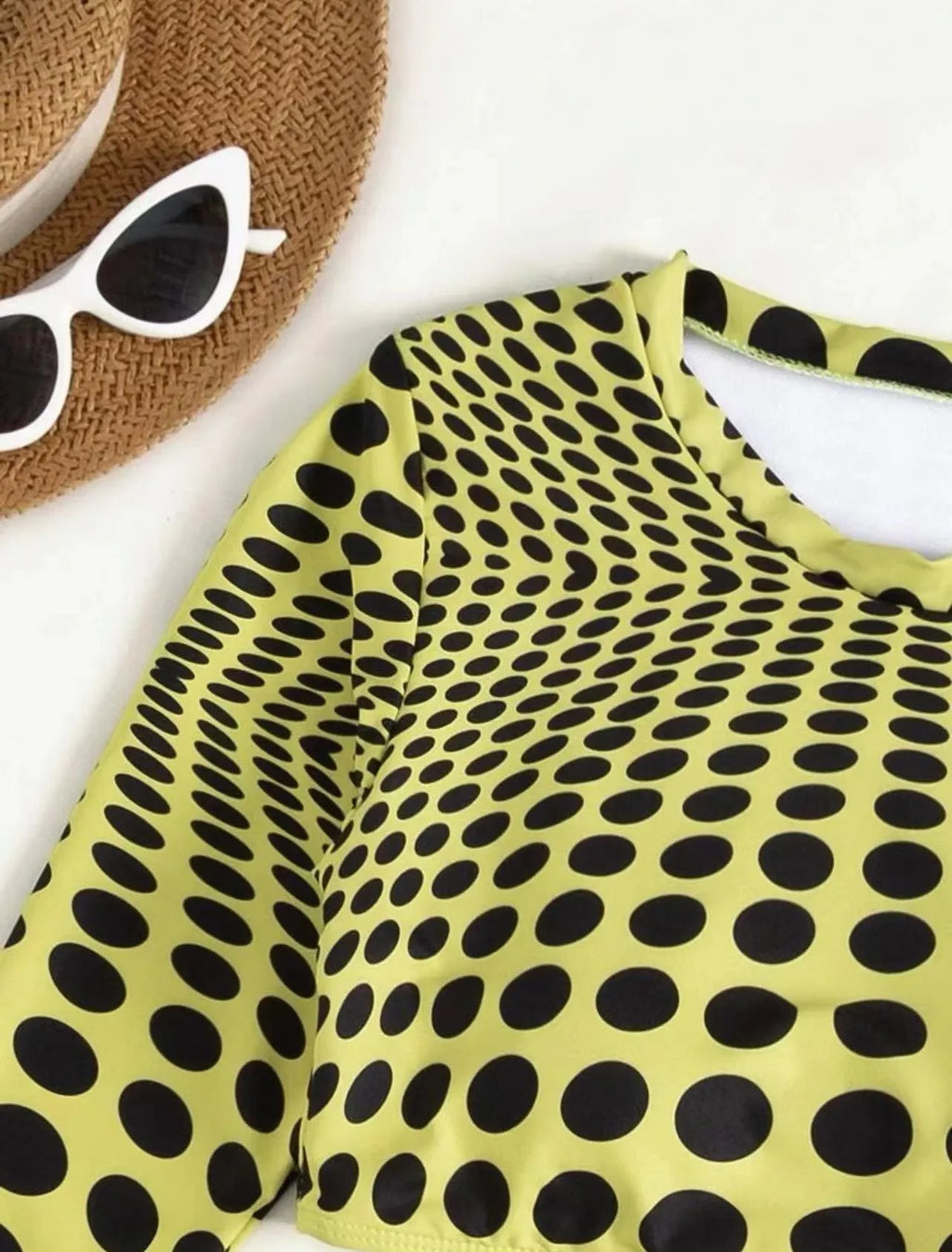 Women's green or yellow polka dot polyester swimsuit three-piece set with swim top, skirt, and bra