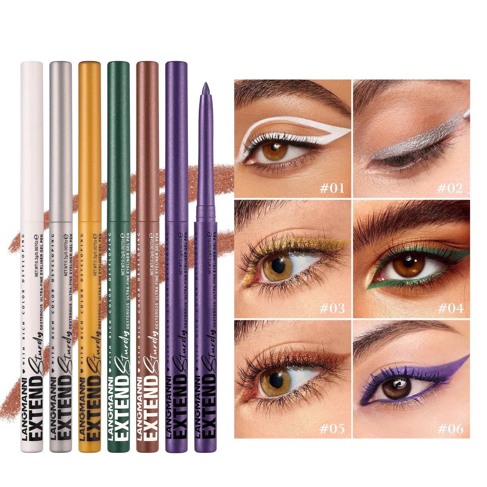Set of 12 colourful gel glitter eyeliner pencils with various shades and effects for waterproof makeup