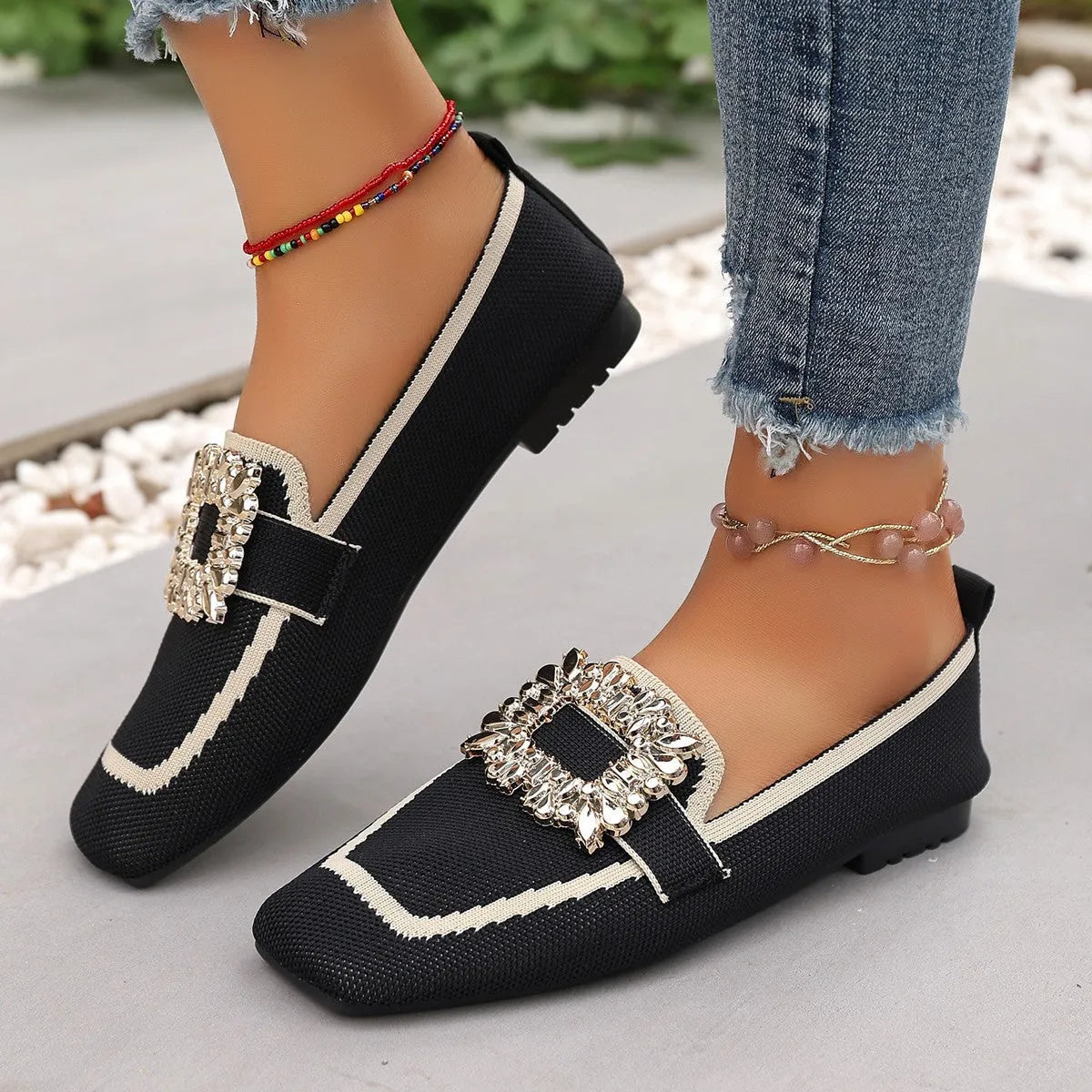 Flyknit slip-on square toe rhinestone flat shoes for women in beige with cloth lining