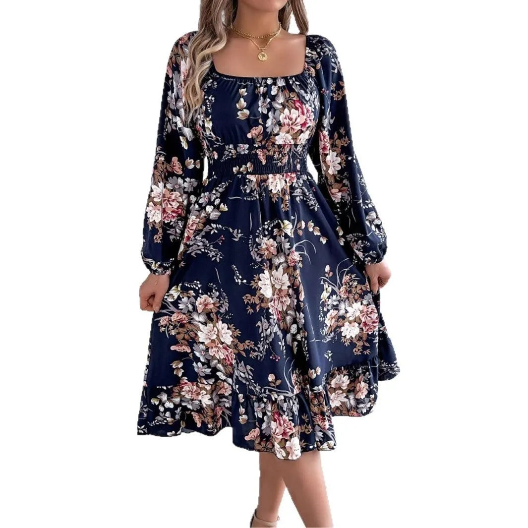Women's A-line midi dress with square collar long sleeves and ruffled waist trimming in polyester fabric