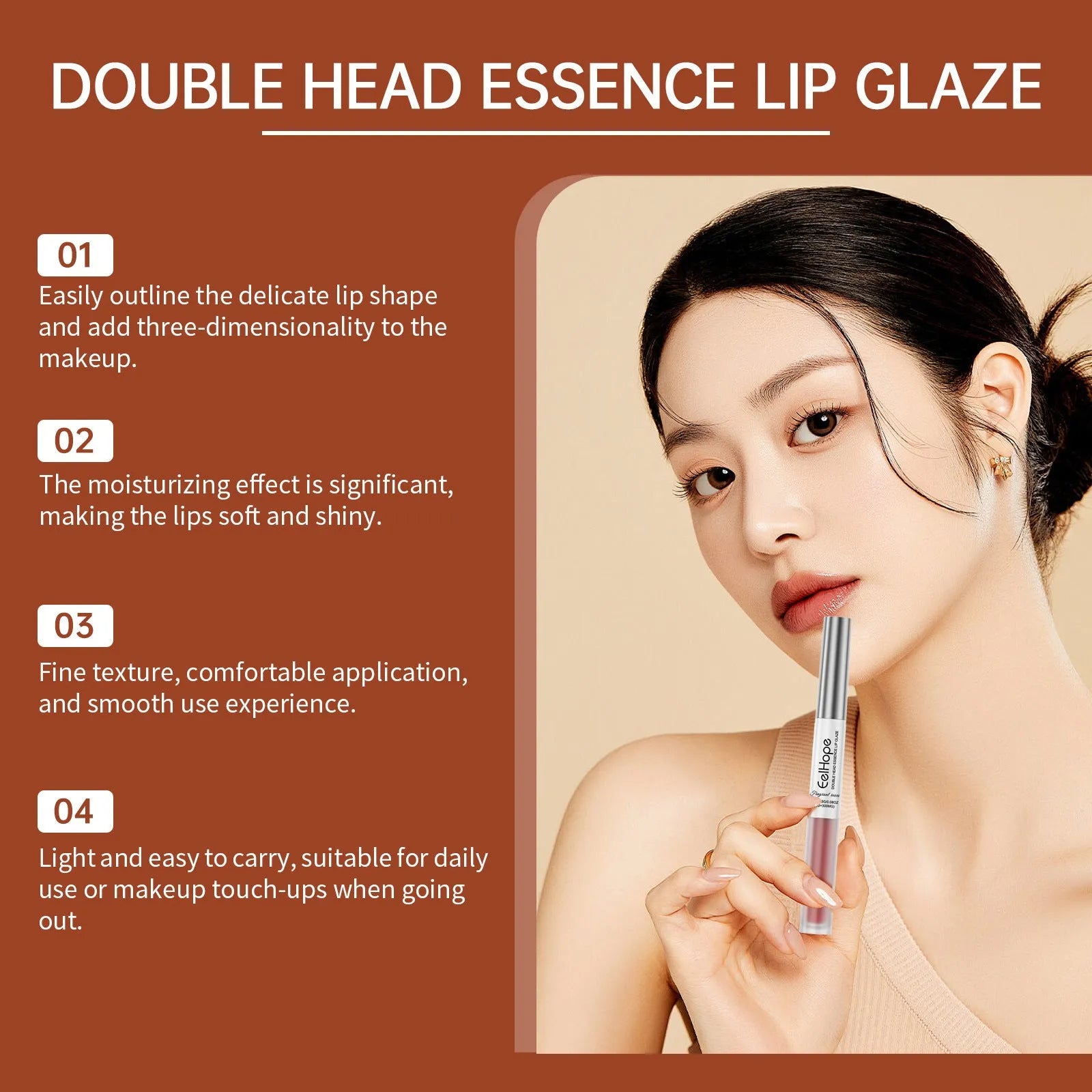 Double-headed lip liner and lip lacquer pen in Black Coffee Truffle shade showing both applicator ends
