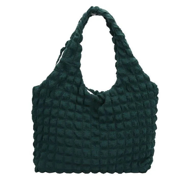 Cute pleated puff shoulder bag for women – canvas, solid colour, large capacity, top width 45cm, height 31cm