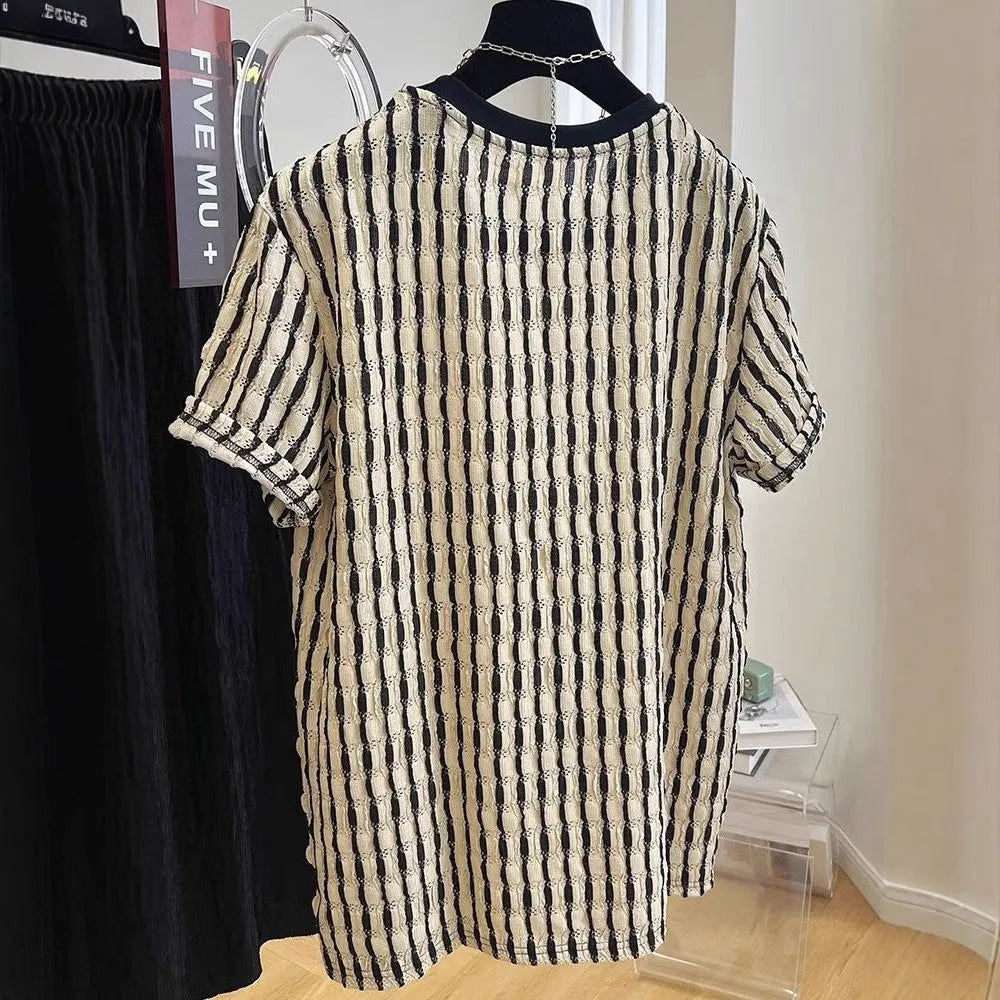 Men's black short sleeve shirt with stripes, loose linen silk blend pullover top