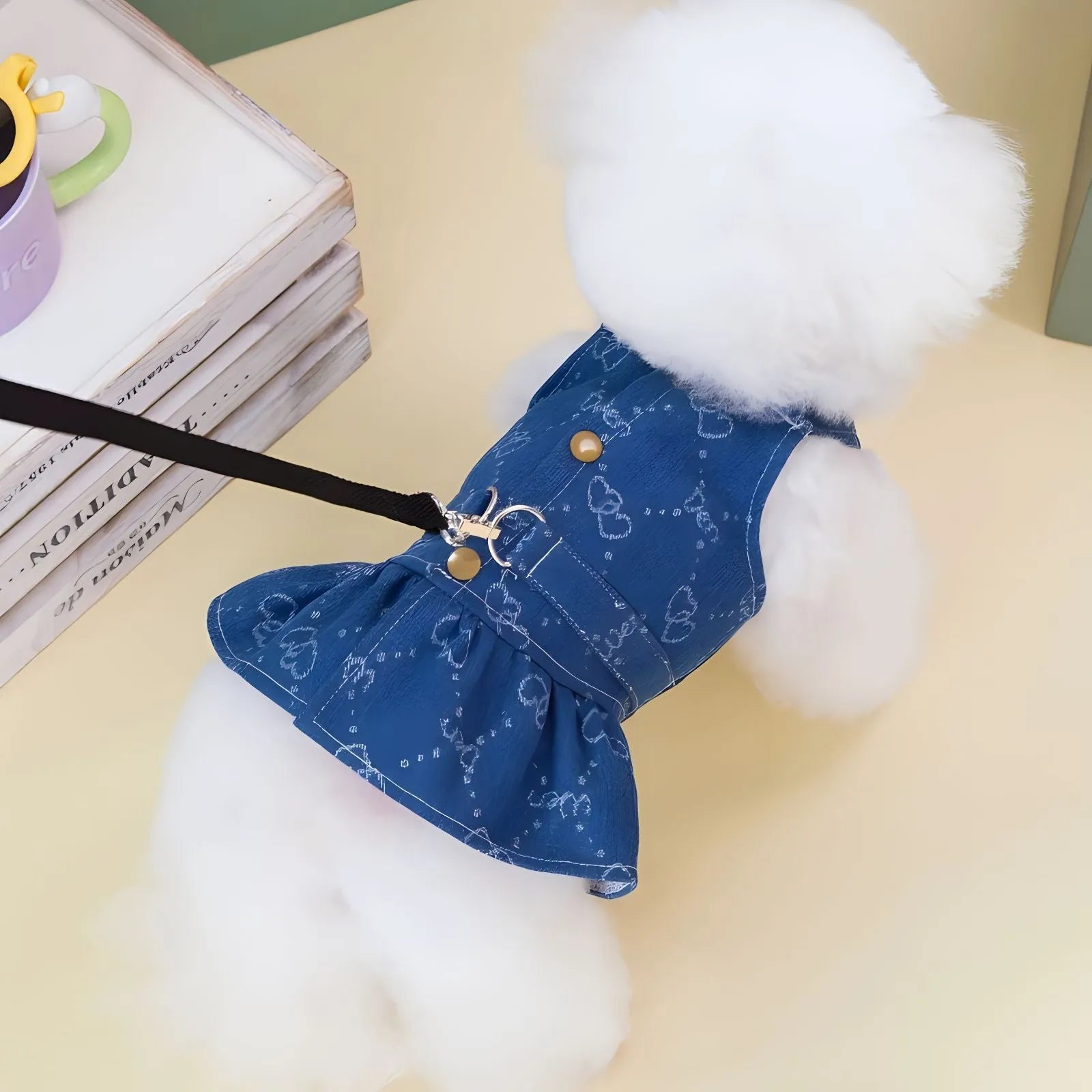 Teddy Bichon small dog wearing denim princess dress with bracket skirt design