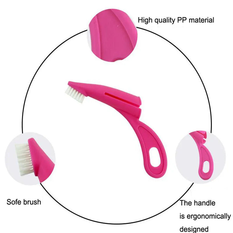Red and white pet finger toothbrush with silicone bristles for cleaning dog and cat teeth.