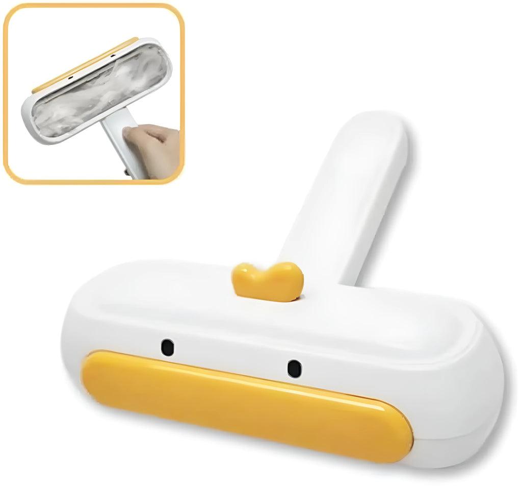 Yellow duck design portable pet hair remover tool with polyester bristles on white background.