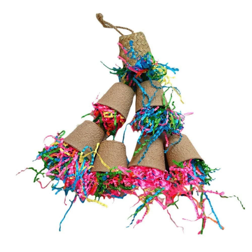 Wood-coloured woven palm fibre parrot chew toy shaped like a paper cup, hanging.
