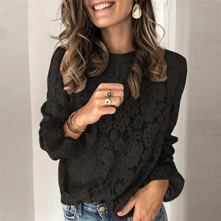 Womens hollow lace shirt with cutout design and zipper details in loose-fitting street style