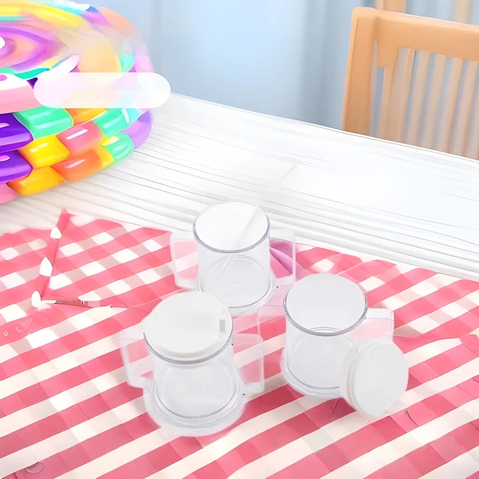 Transparent spill-proof drinking cup with lid on white background