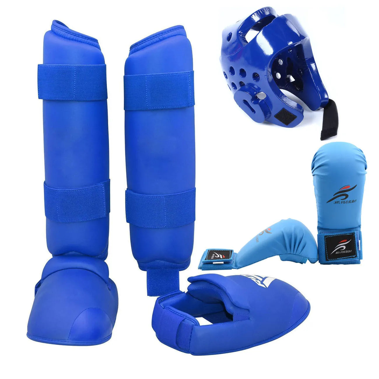 Martial arts protective gear set with red leg guards, helmet, and boxing gloves for karate training