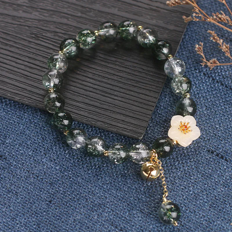 Green Phantom Quartz Crystal Bracelet Light Luxury Women's White Jade Flower Beaded Bracelet 17cm Length New Year Style Crystal Stone Jewellery