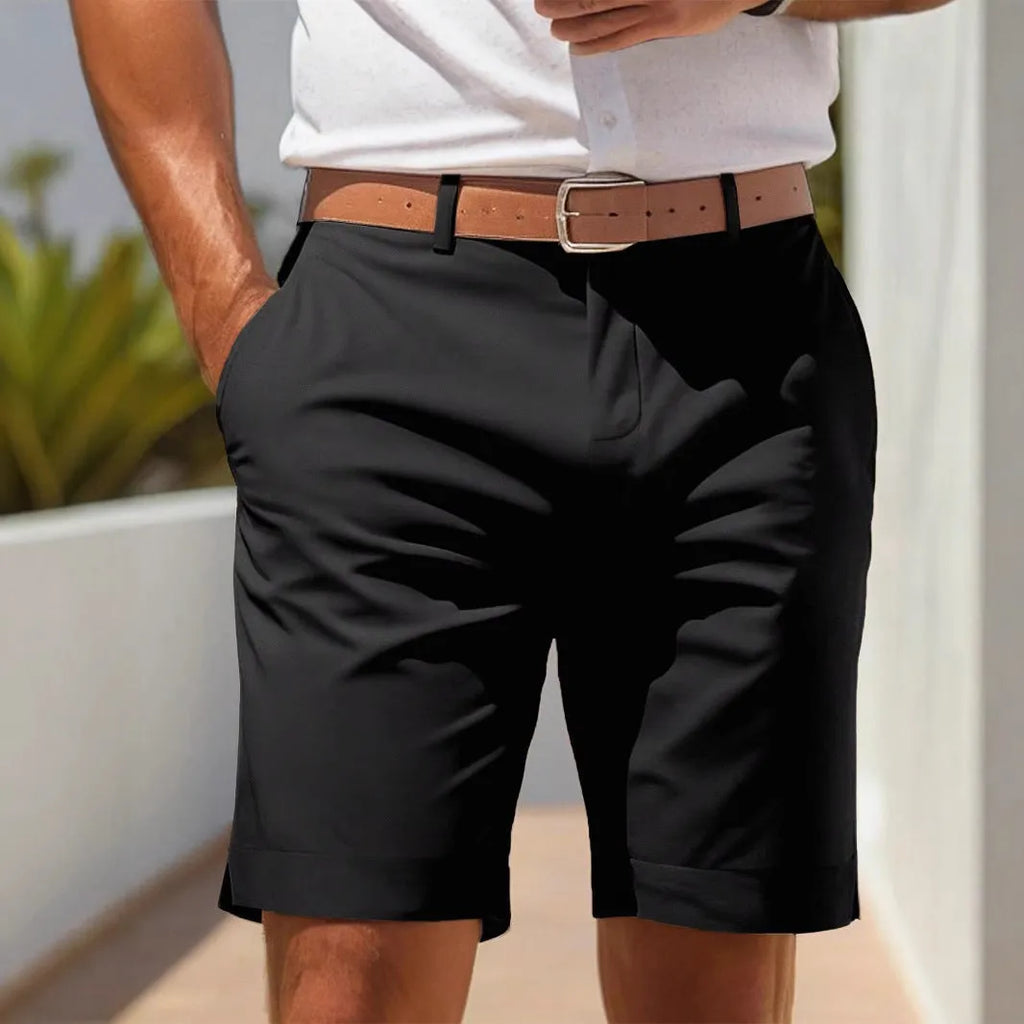Men's light grey straight-leg polyester casual shorts on a hanger