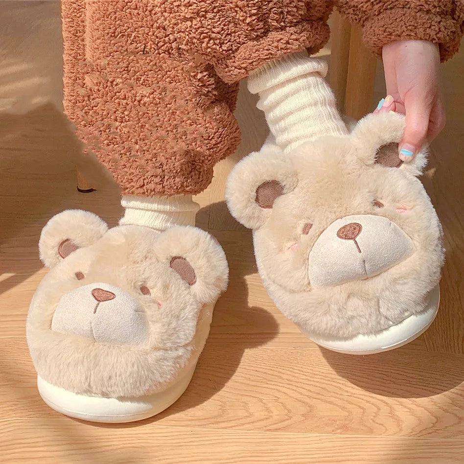 Ladies' plush slippers with suede upper, cartoon pattern, and round-toe design in milky white colour