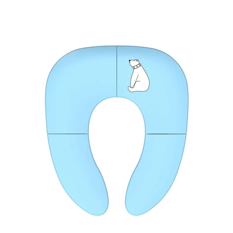 Foldable baby travel potty seat in pink, yellow, blue colours on white background