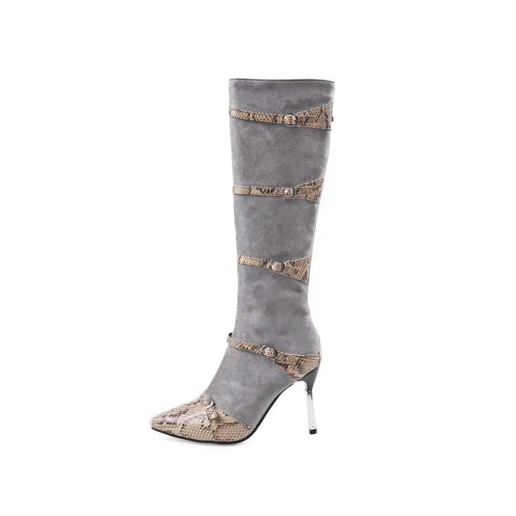 Women's knee-high boots with thin high heels in black or grey colour options