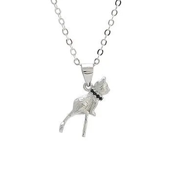 Close-up of a sterling silver cat pendant necklace on a chain with an electroplated finish.