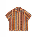 Ethnic style woven Cuban collar shirt with contrasting colour details and drop-shoulder short sleeves