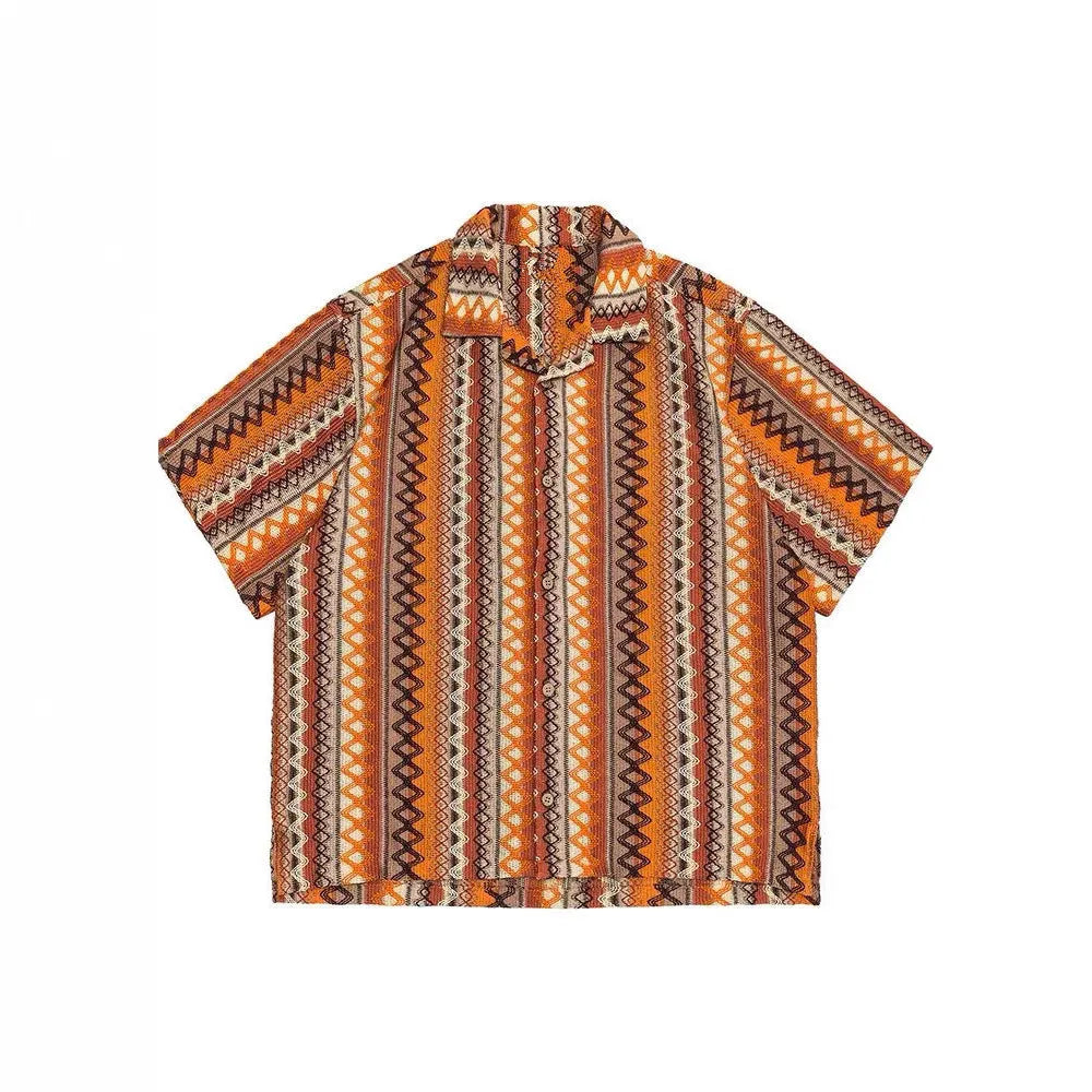 Ethnic style woven Cuban collar shirt with contrasting colour details and drop-shoulder short sleeves