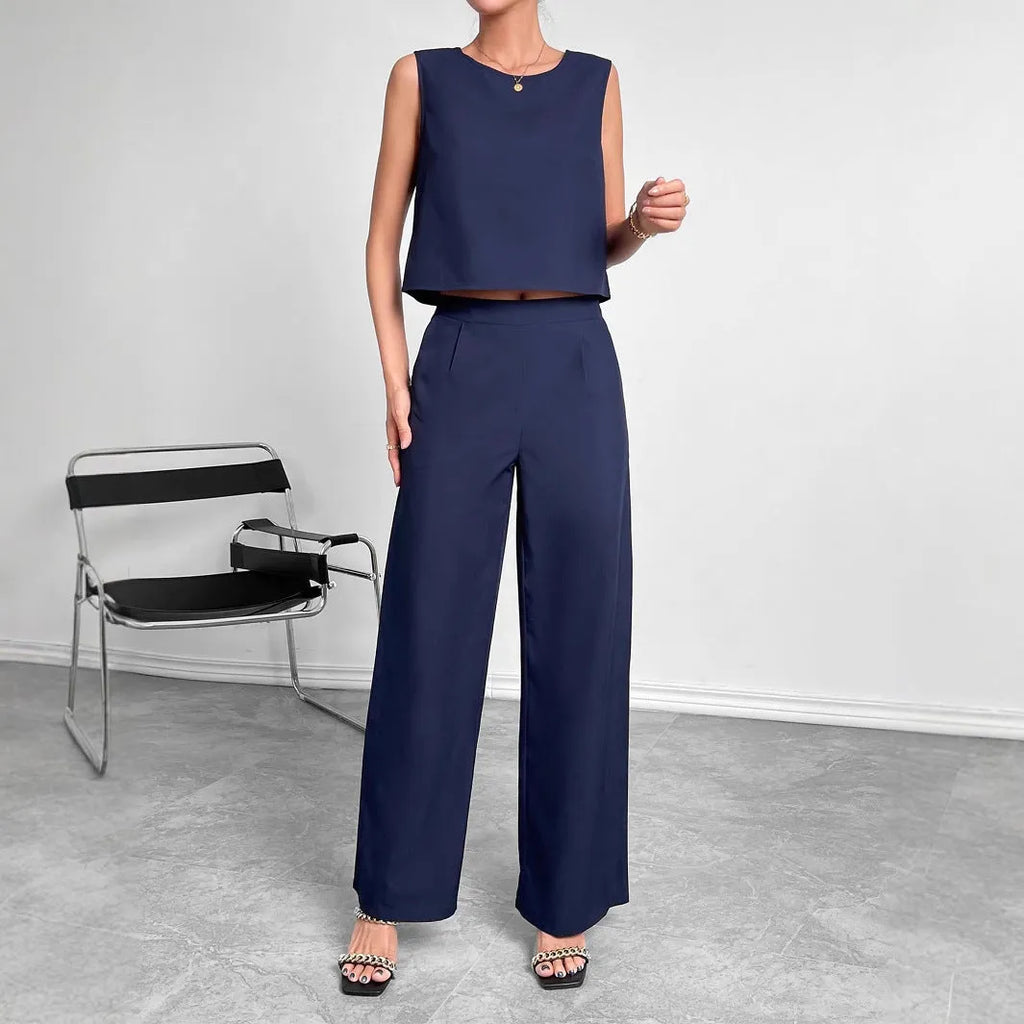 Red round neck sleeveless top and wide leg pants two-piece set