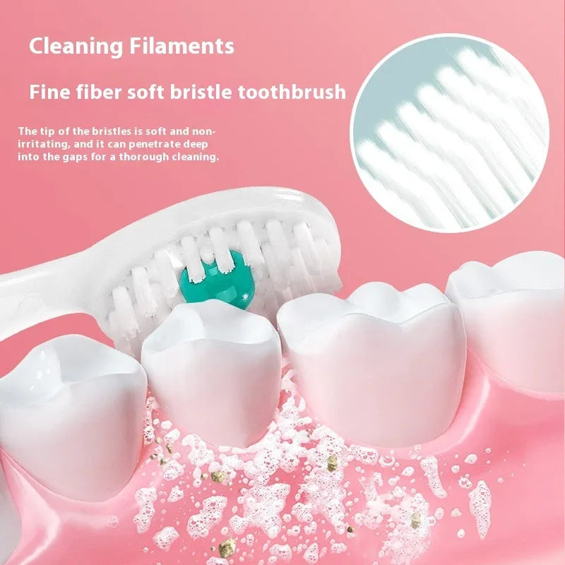 Box of 20 disposable bead toothbrushes with coloured packaging indicating mint, peach, and plum green tea flavours.