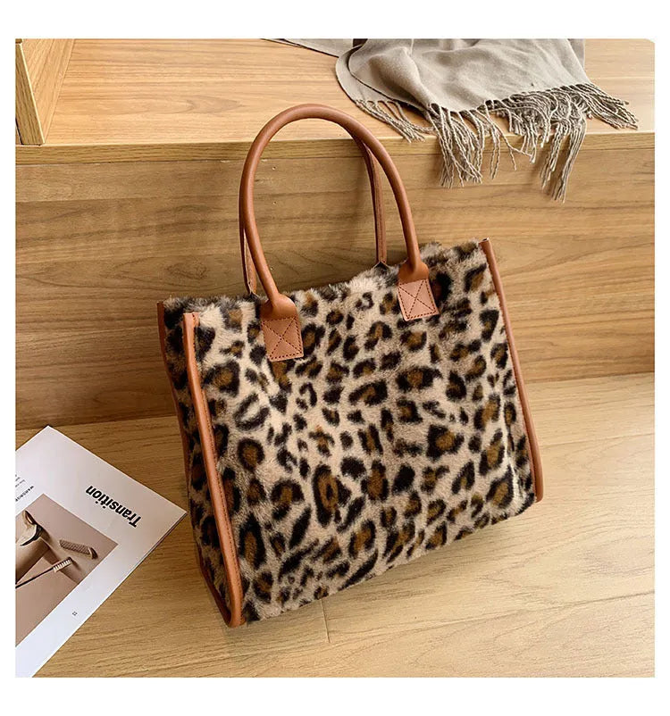 Large plush handbag with leopard print, car stitching, and magnetic buckle in Leopard Brown