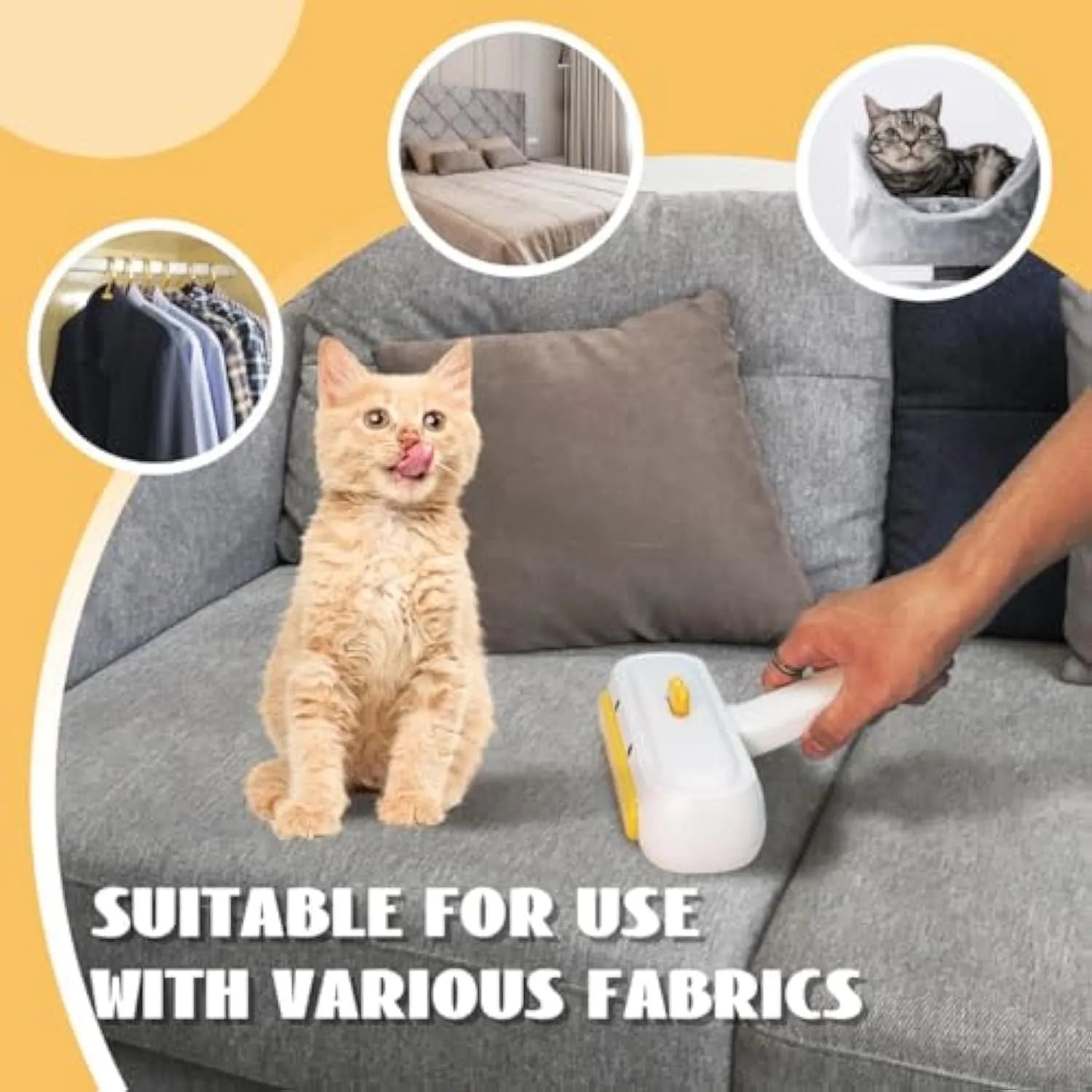 Yellow duck design portable pet hair remover tool with polyester bristles on white background.