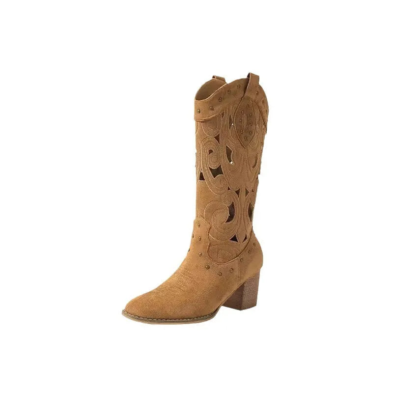 Western cowboy boot with chunky heel, V-cut embroidery, hollow-out design, artificial PU upper in khaki