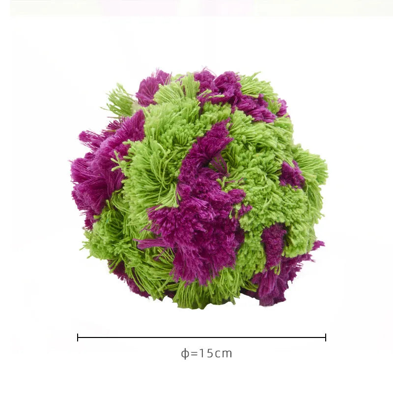 Purple soft plush dog knot ball toy with seaweed ball design measuring 15cm diameter