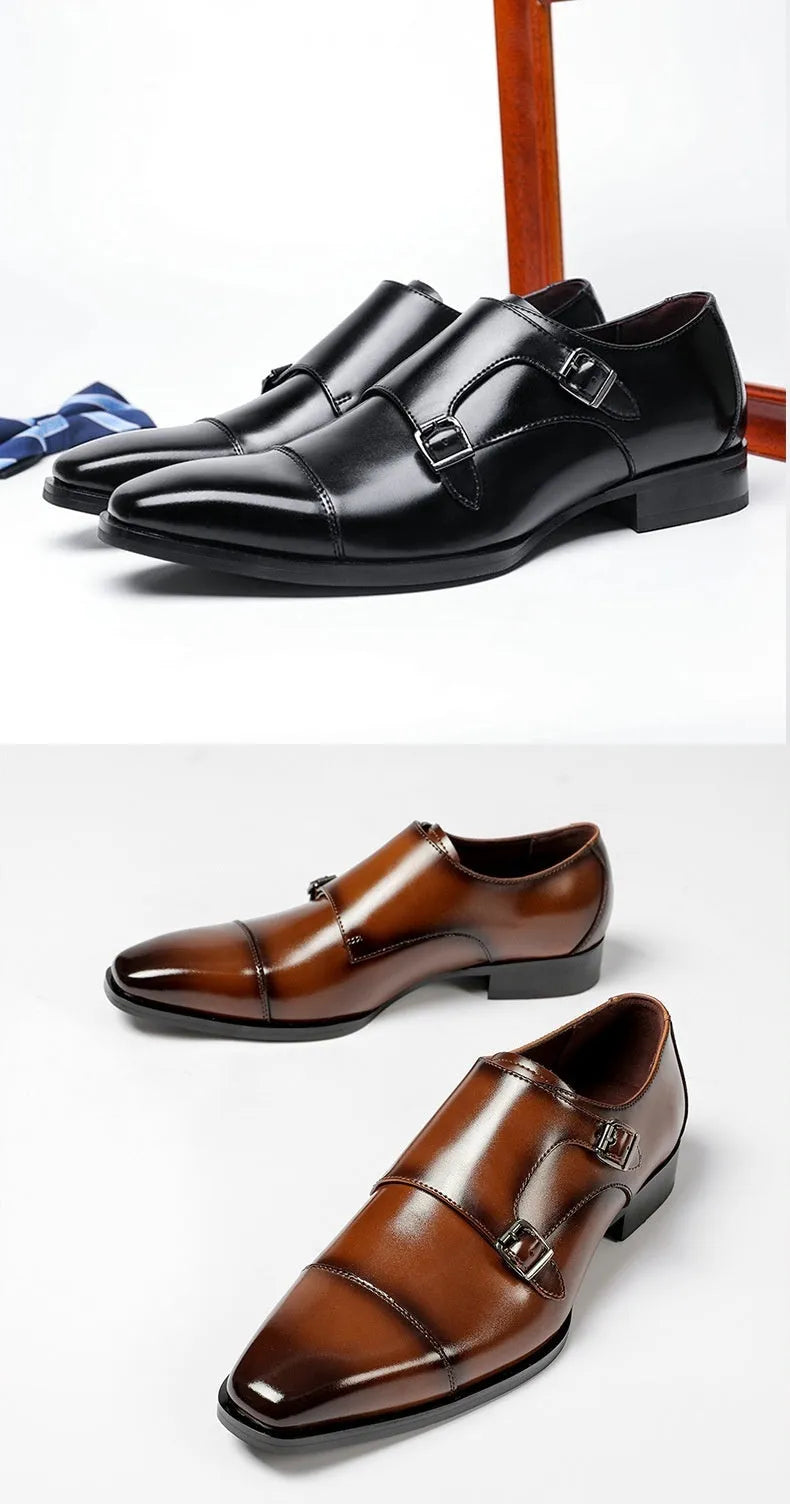 Men's black and light brown square toe leather shoes with rubber sole for business wear.