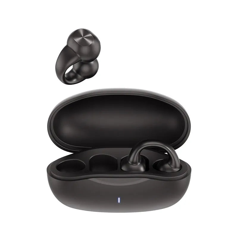 Clip-on wireless Bluetooth headset with digital display in black colour on a plain background