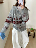 Plus size women's grey brocade sweater coat with geometric pattern and long sleeves.