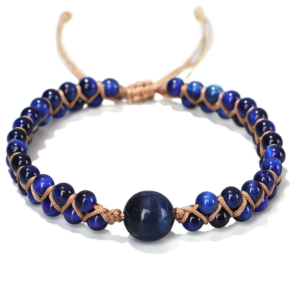 Handmade woven geometric pull bracelet with stone beads and elastic closure