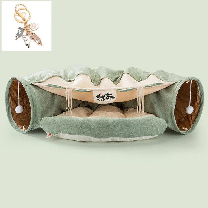 Collapsible washable fabric cat tunnel showing bar, coffee, matcha, and pink colour options
