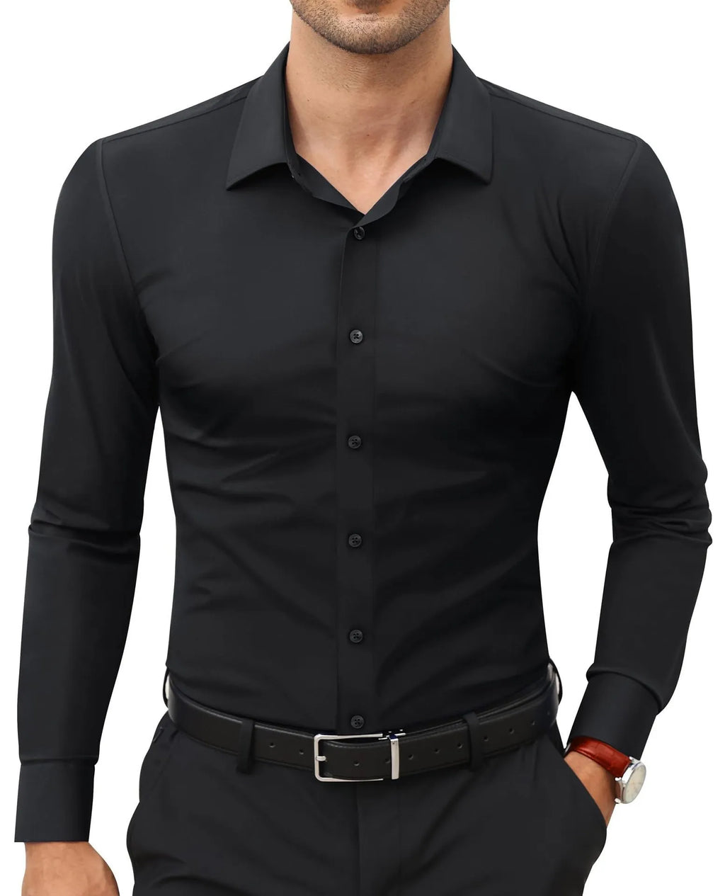 Men's long sleeve solid colour cardigan style shirt with four-sided elastic polyester fabric