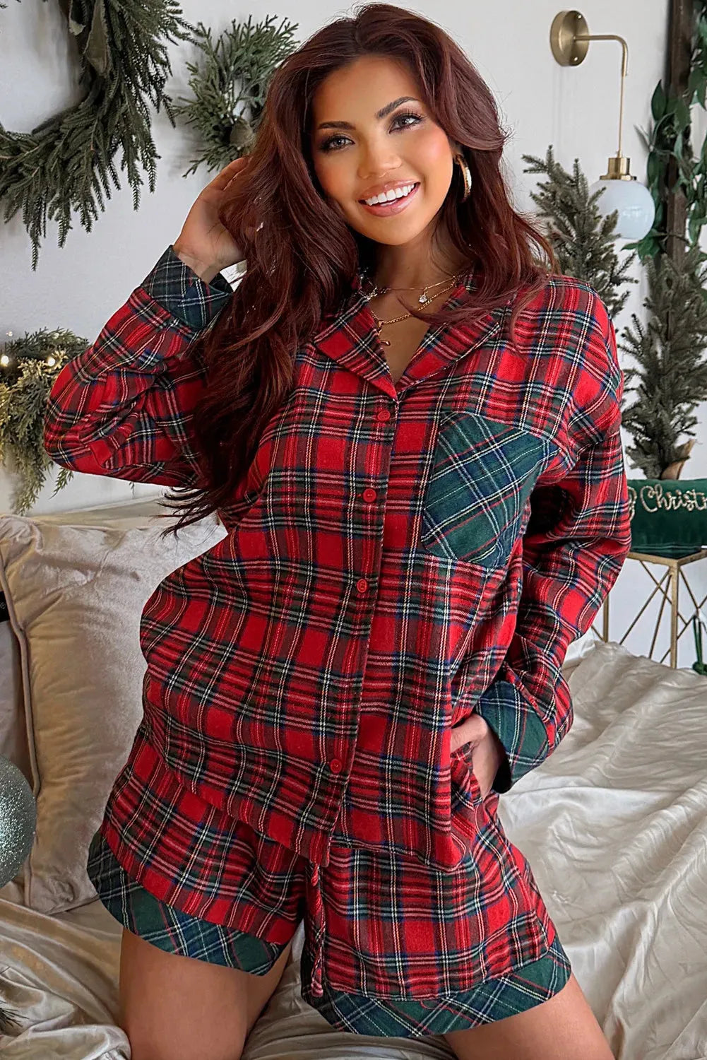 Red plaid Christmas pajama set for adults with long sleeve shirt and shorts