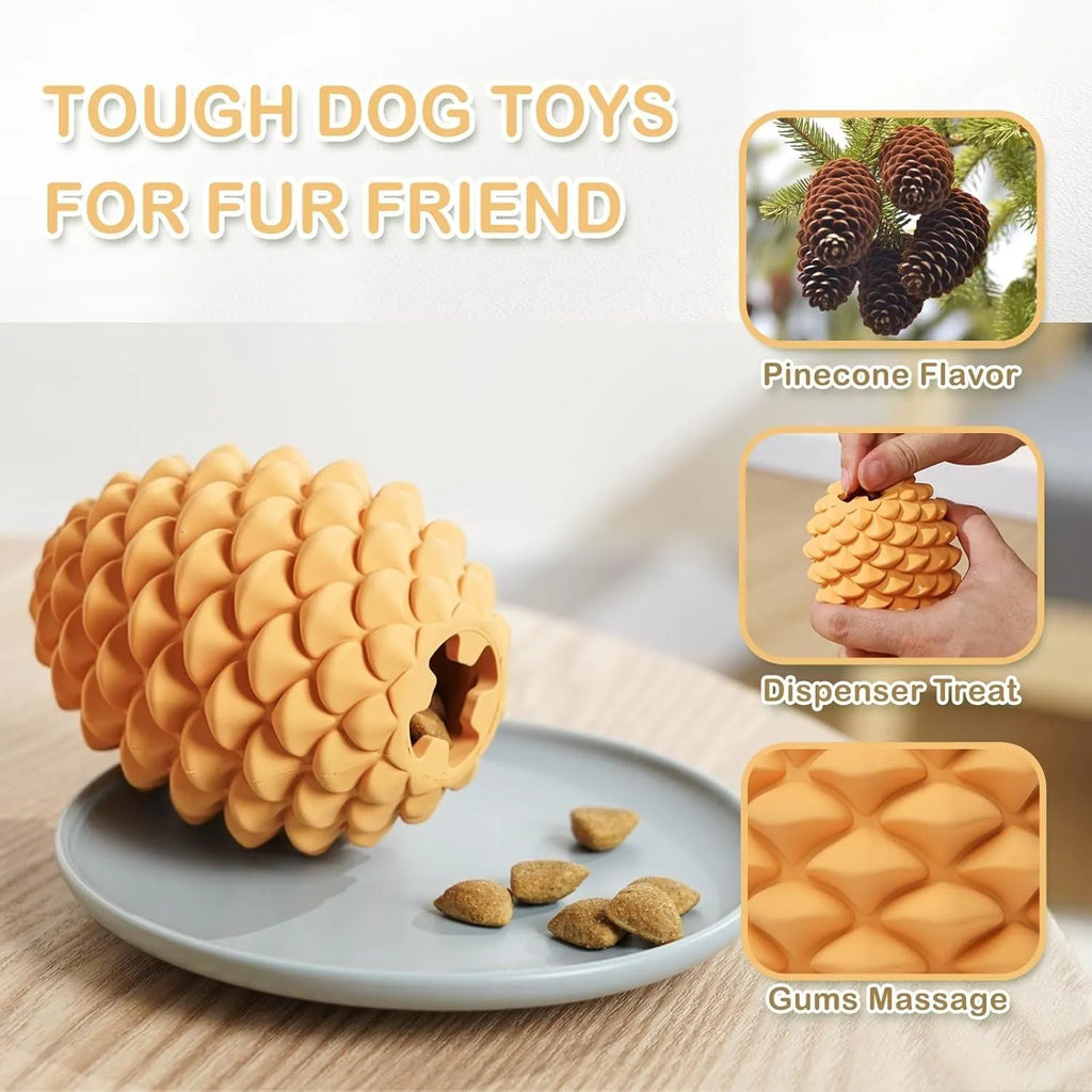 Yellow pine cone shaped natural rubber dog toy with textured surfaces and treat dispenser