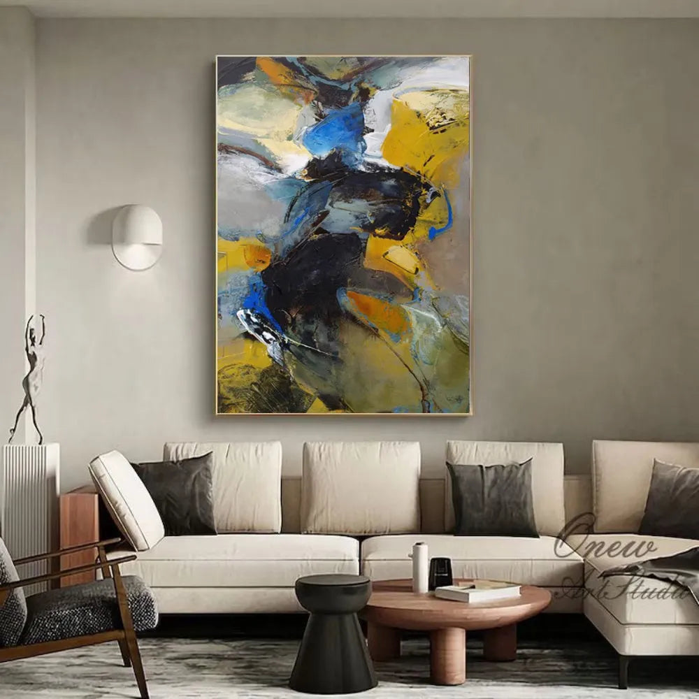 Handmade oil painting on canvas, modern abstract design, vertical orientation, rolled frameless artwork