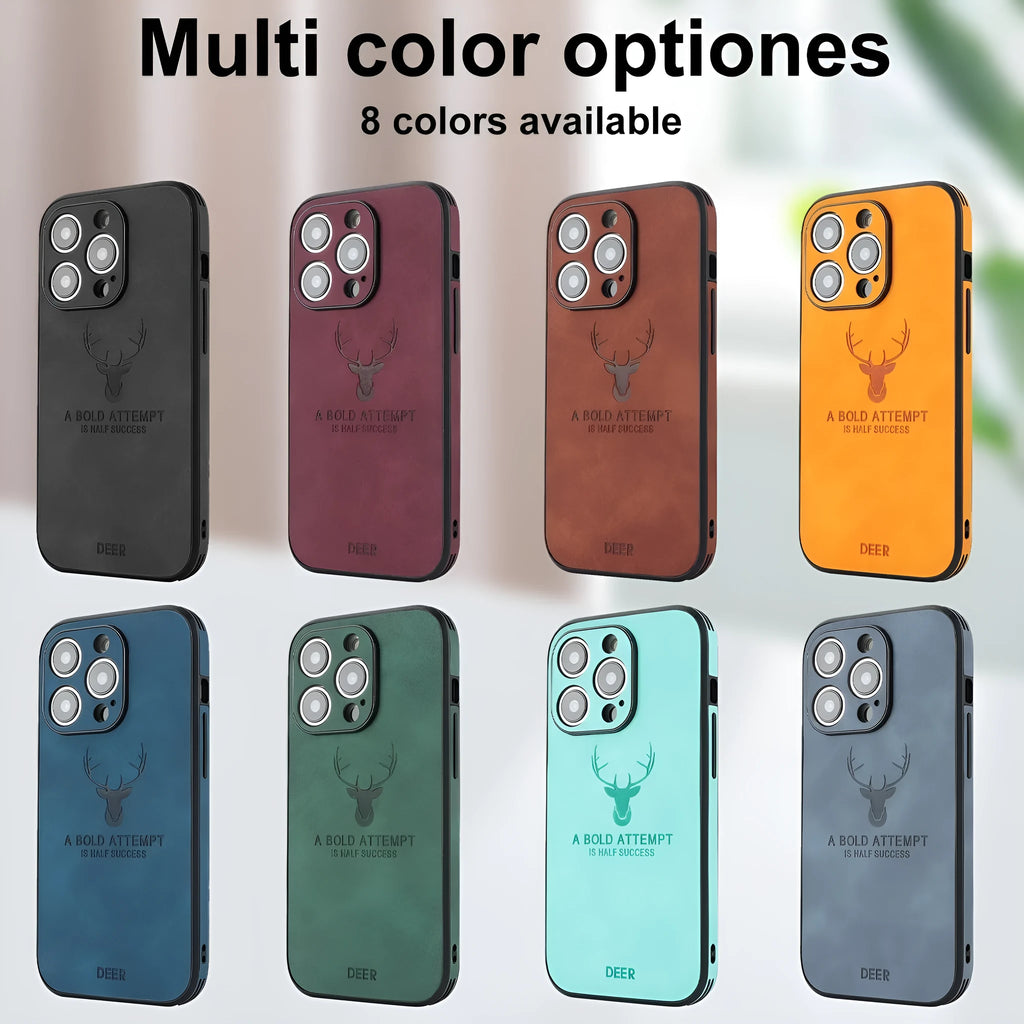 iPhone 16 magnetic case with an embossed moose head design in various colours on imitation leather.