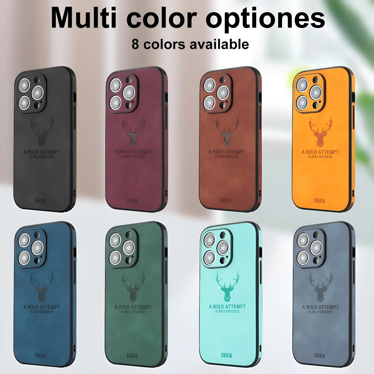 iPhone 16 magnetic case with an embossed moose head design in various colours on imitation leather.