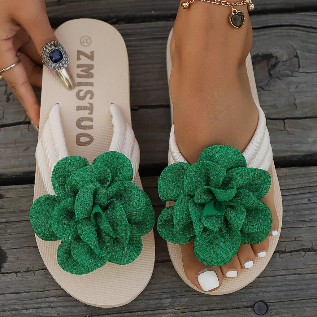 Plus size floral pattern slippers in beige, green and rose red colours with PU construction